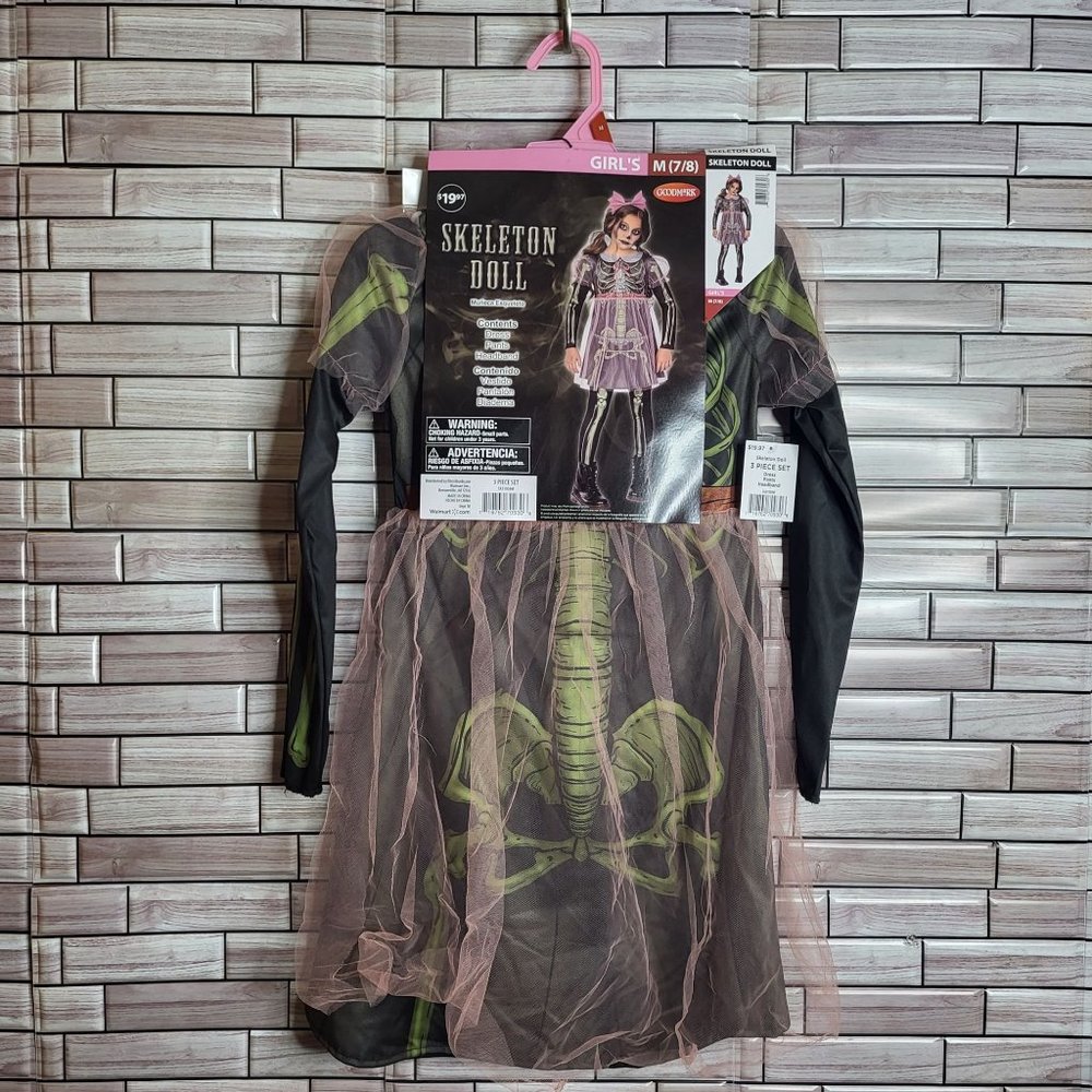 New Skeleton Doll Halloween Costume‎ Girl's Medium 7-8 Black Dress Up Outfit